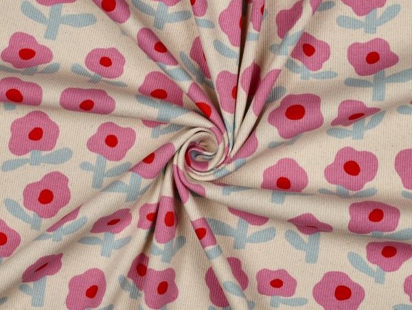 Jersey , Rippjersey, Blume, ecru / rosa
